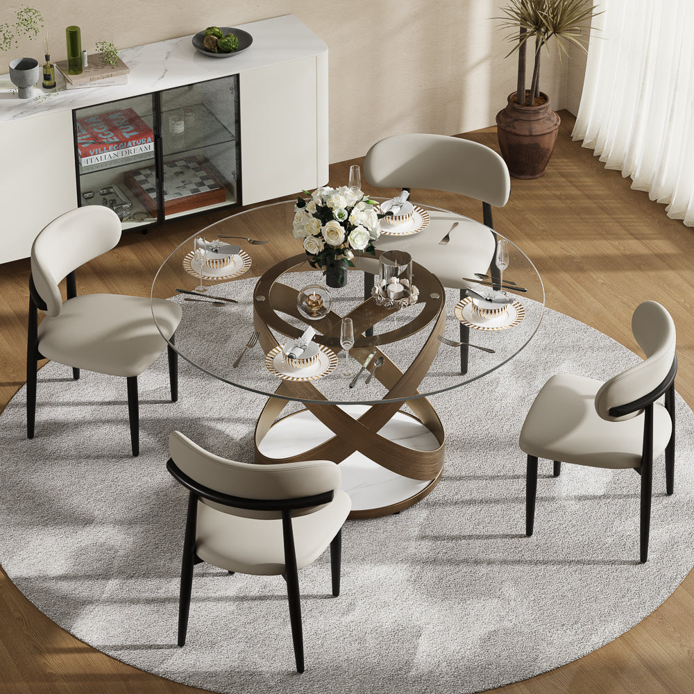 POVISON Modern Round Glass Dining Table with Carbon Steel Base
