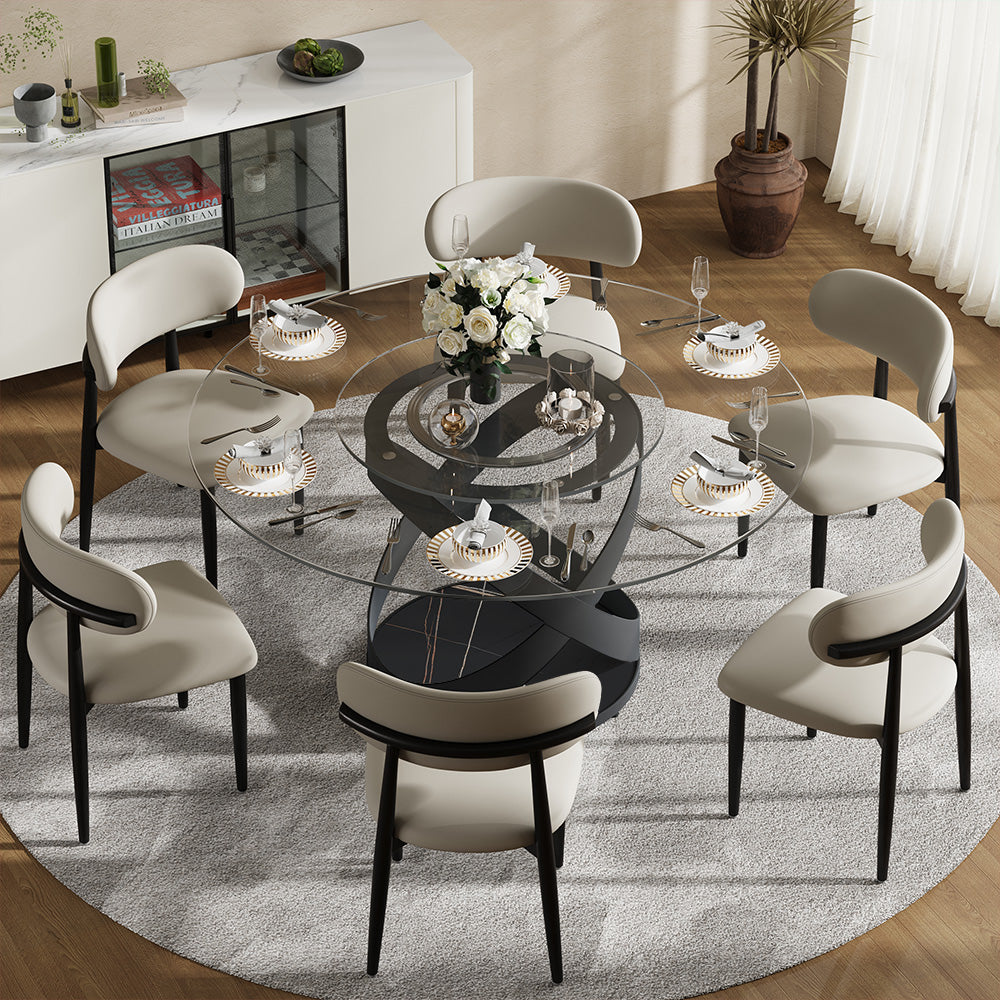 POVISON Modern Round Glass Dining Table with Carbon Steel Base