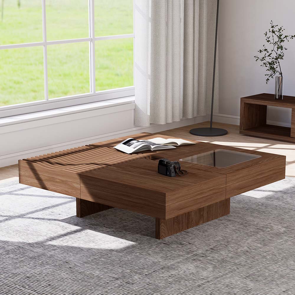 POVISON Mid-Century Modern Wood Veneer Coffee Table with Drawers 100cm Walnut